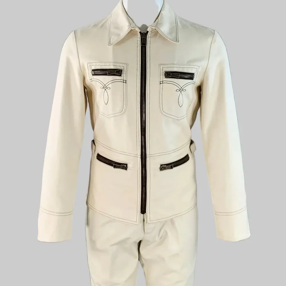 GUCCI by TOM FORD Vintage 36 Cream Contrast Stitch Cotton Western Zip Up Suit